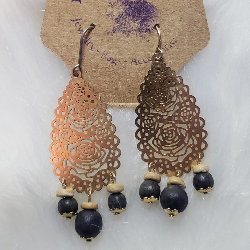 Rose Filigree Earrings with Wooden Beads